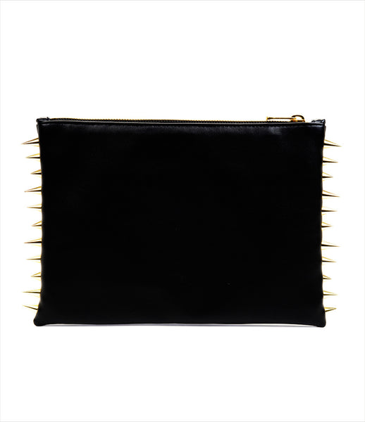 CMPLTUNKNWN_clutch_accessory_vegan_leather_black_bees_hand_embroidered_gold_embellished_red_wasps_spikes_edgy_kidsofdada