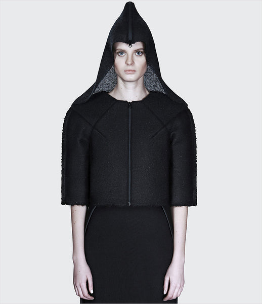 Dzhus_jacket_clothing_made_to_order_wool_black_boxy_3/4_sleeves_hood_hidden_zipper_structural_kidsofdada