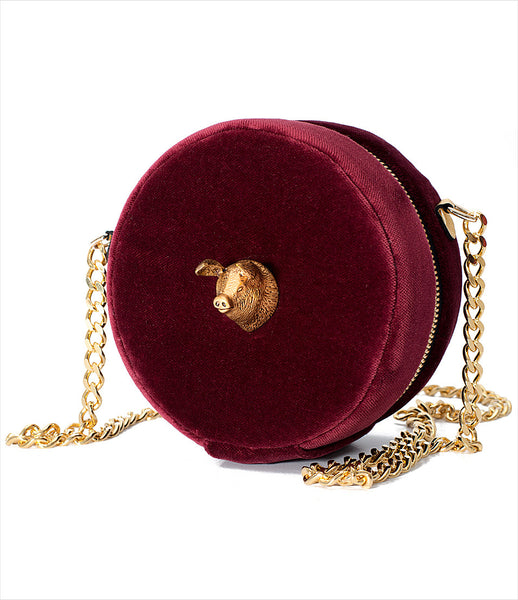 Carla_Lopez_circular_round_shoulderbag_accessory_handmade_velvet_burgundy_pig_long_gold_chain_whimsical_fashion_kidsofdada