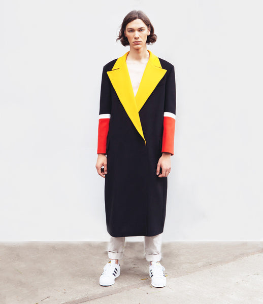 Marianna_Senchina_coat_clothing_handmade_polyester_black_yellow_red_unisex_oversized_stripes_double_breasted_fashion_kidsofdada
