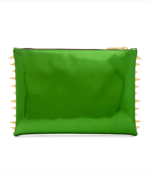 CMPLTUNKNWN_clutch_accessory_Italian_vegan_leather_metallic_green_spikes_zip_golden_logo_edgy_fashion_kidsofdada