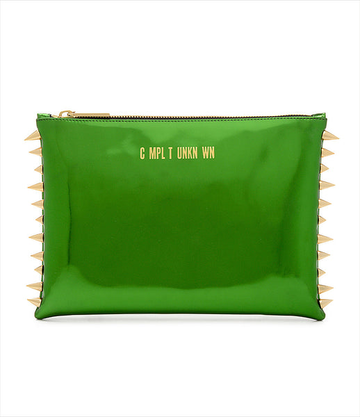 CMPLTUNKNWN_clutch_accessory_Italian_vegan_leather_metallic_green_spikes_zip_golden_logo_edgy_fashion_kidsofdada