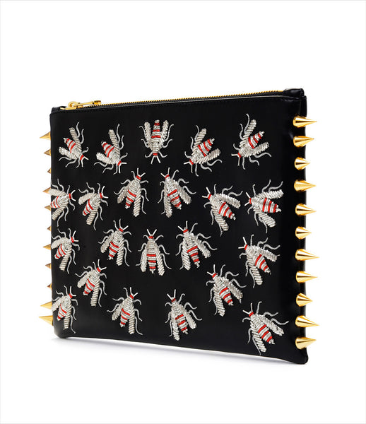 CMPLTUNKNWN_clutch_accessory_Italian_vegan_leather_black_animal_hand_embroidered_silver_red_wasps_spikes_edgy_kidsofdada