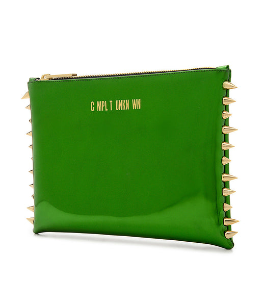 CMPLTUNKNWN_clutch_accessory_Italian_vegan_leather_metallic_green_spikes_zip_golden_logo_edgy_fashion_kidsofdada
