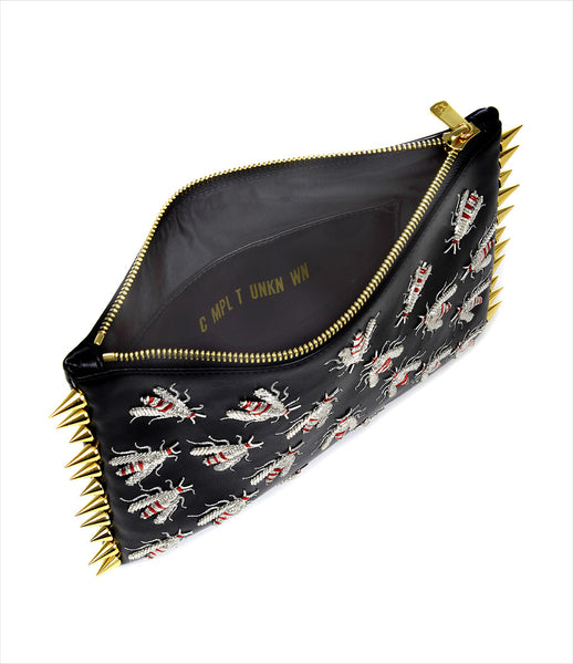 CMPLTUNKNWN_clutch_accessory_Italian_vegan_leather_black_animal_hand_embroidered_silver_red_wasps_spikes_edgy_kidsofdada