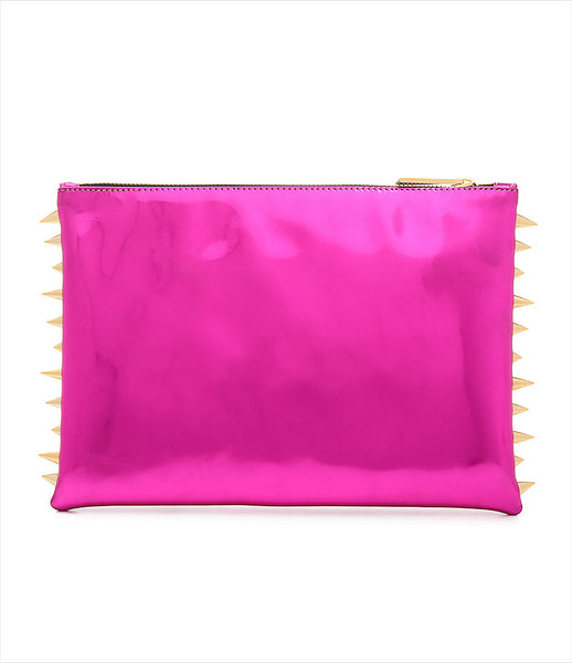 CMPLTUNKNWN_clutch_accessory_Italian_vegan_leather_metallic_fuchsia_spikes_zip_golden_logo_edgy_fashion_kidsofdada