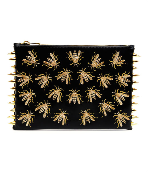 CMPLTUNKNWN_clutch_accessory_Italian_vegan_leather_black_animal_hand_embroidered_gold_wasps_spikes_edgy_fashion_kidsofdada