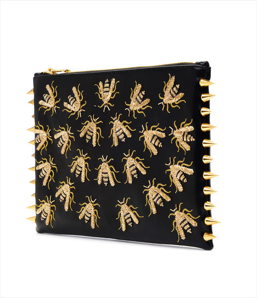 CMPLTUNKNWN_clutch_accessory_Italian_vegan_leather_black_animal_hand_embroidered_gold_wasps_spikes_edgy_fashion_kidsofdada