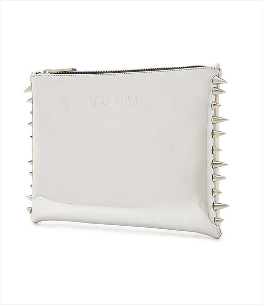 CMPLTUNKNWN_clutch_accessory_Italian_vegan_leather_metallic_silver_spikes_zip_silver_logo_edgy_fashion_kidsofdada