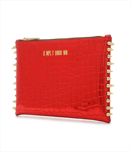 CMPLTUNKNWN_clutch_accessory_vegan_leather_metallic_red_crocodile_spikes_zip_golden_logo_edgy_fashion_kidsofdada