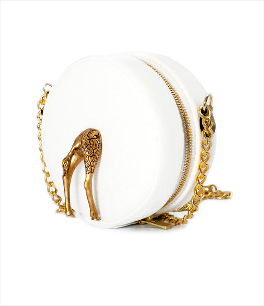 Carla_Lopez_shoulderbag_accessory_handmade_velvet_green_round_white_circular_animal_giraffe_golden_chain_whimsical_fashion_kidsofdada
