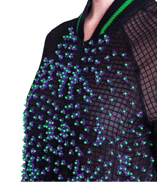 Chikimiki_bomber_jacket_clothing_cotton_silk_black_green_embellishments_purple_beads_Swarovski_pearls_whimsical_sophisticated_kidsofdada
