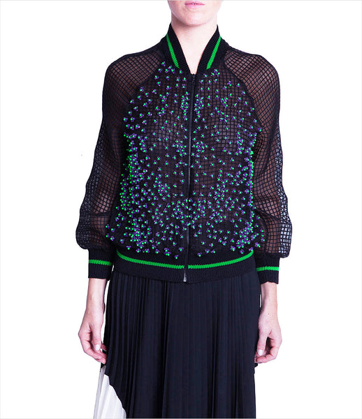 Chikimiki_bomber_jacket_clothing_cotton_silk_black_green_embellishments_purple_beads_Swarovski_pearls_whimsical_sophisticated_kidsofdada