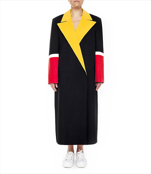 Marianna_Senchina_coat_clothing_handmade_polyester_black_yellow_red_unisex_oversized_stripes_double_breasted_fashion_kidsofdada