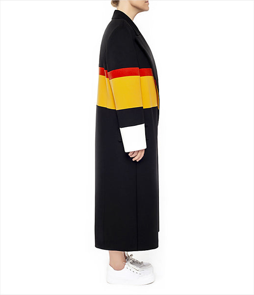 Marianna_Senchina_coat_clothing_handmade_bespoke_black_yellow_red_oversized_stripe_unisex_double_breasted_fashion_kidsofdada