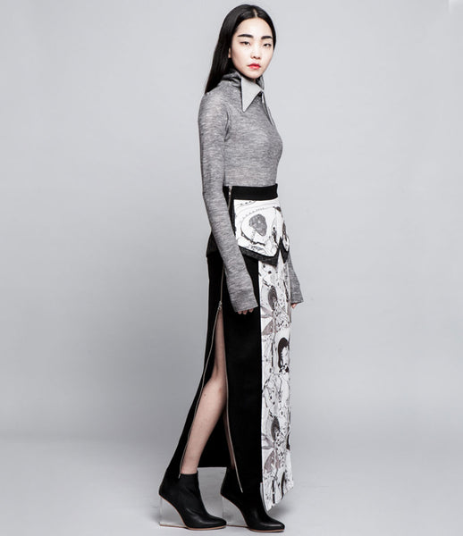 Sojin_Park_skirt_long_layered_panel_handpainted_artistic_assymetric_wool_digital_monochrome_statement_KidsofDada