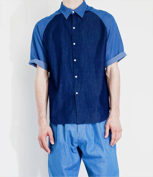 Andrew_Coimbra_denim_button-down_shirt_short-sleeve_two-tone_classic_contemporary_unisex_mens_womens_fashion_clothing_kidsofdada