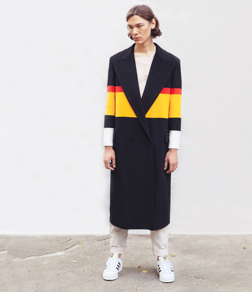 Marianna_Senchina_coat_clothing_handmade_bespoke_black_yellow_red_oversized_stripe_unisex_double_breasted_fashion_kidsofdada