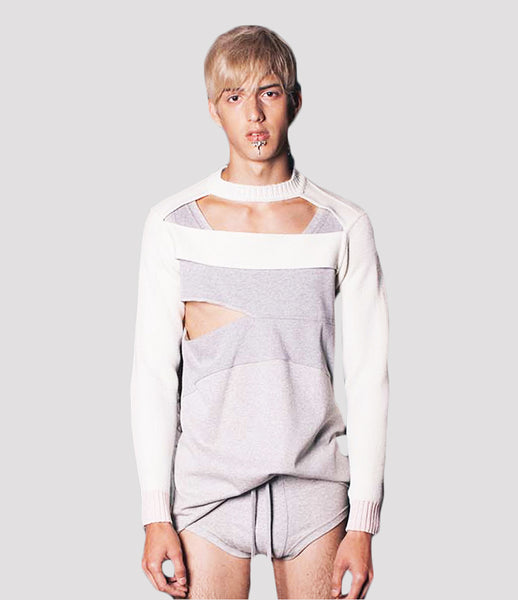 Jean-Gritsfeldt_sweater_unisex_white_grey_cutout_sportswear_embroidery_asymmetric_knit_contemporary_fashion_kidsofdada